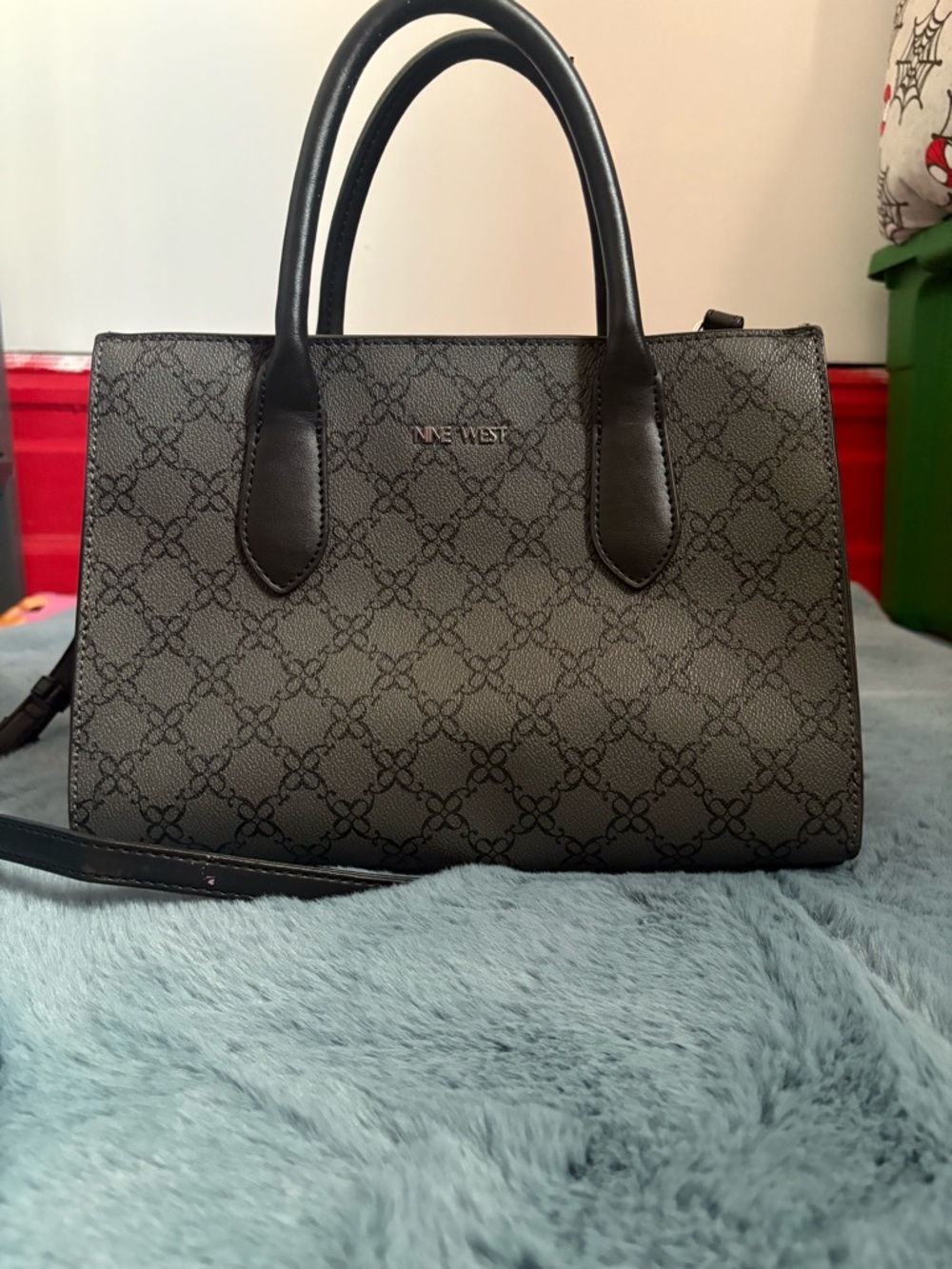 Nine West Black Patterned Satchel with Top Handles